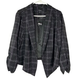 Torrid Black Plaid Crepe Blazer 2X 18-20 Open Front Shawl Collar Ruched Sleeve